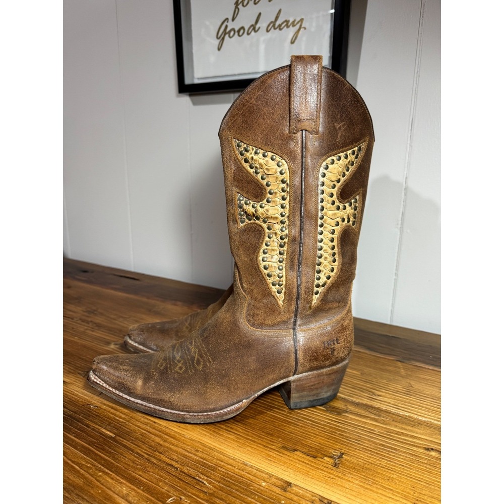 Frye Brown Leather Studded Western Heeled Boots - Picture 6 of 16